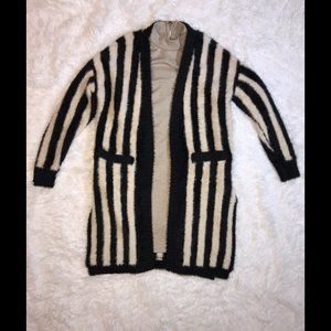 Fuzzy Taupe & Black Striped Long Cardigan Sweater